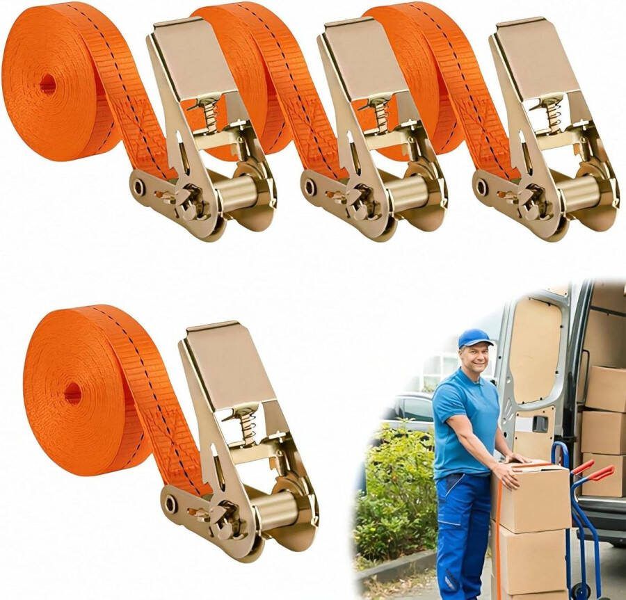 Verstelbare spanbanden 25 cm x 2 m 1000 kg Oranje Set van 4 stuks Spanbanden met ratel