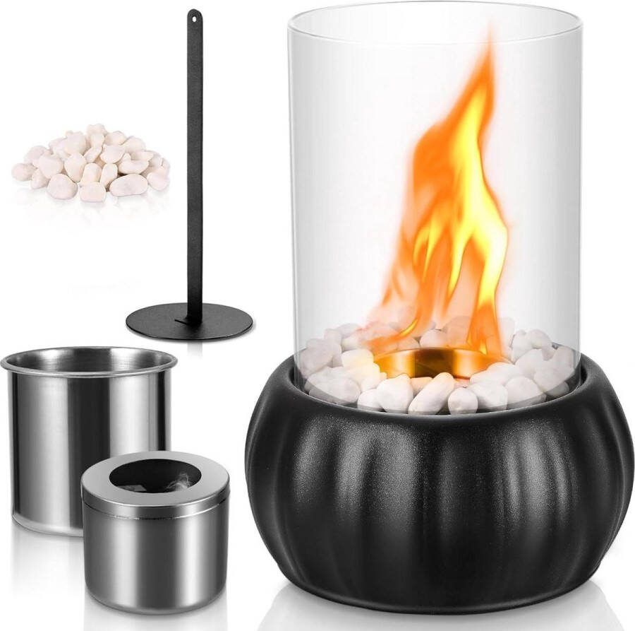 Verstelbare vlam bio-ethanol tafelhaard met veiligheidsglas Tafelvuurset incl. natuurstenen (500 g) voor binnen en buiten balkondecoratie terras Thanksgiving restaurants Tafelhaard