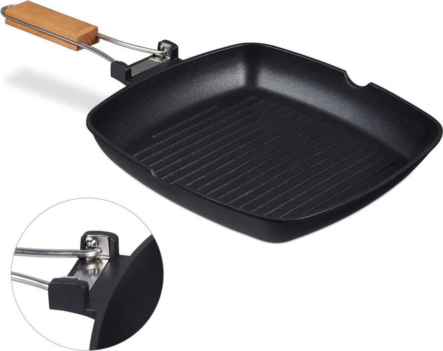 Verwijderbare houten greep grillpan met anti-aanbaklaag en groeven aluminium zwart