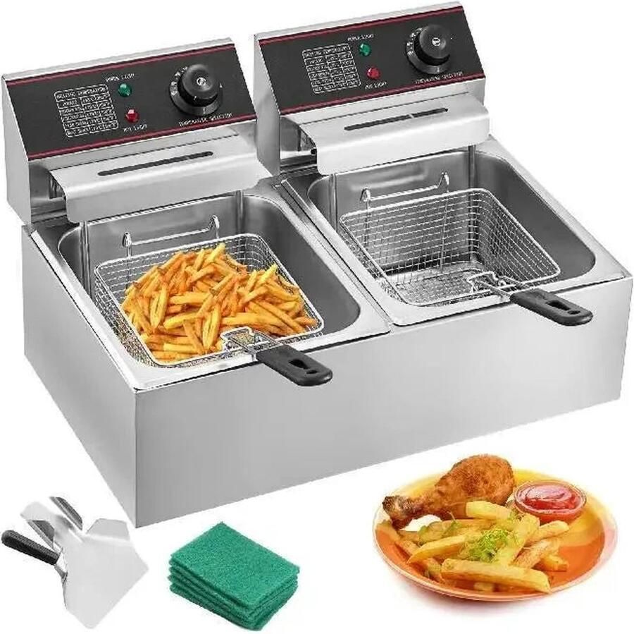 VEVOR Dubbele Friteuse Professioneel 2x 6Liter 12L 2x 2500W 220V Afzonderlijke Schakeling Frituur Frituurpan t & Lid Double Deep Fat Fryer Adjustable Temperature Control