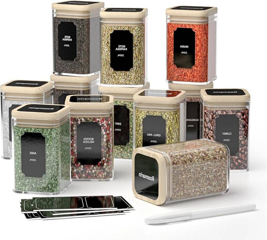 Vierkant glazen kruidenpotjes 12 x 200 ml luchtdicht bamboedeksel voorraaddozen set met etiketten Kruidenpotjes vierkant
