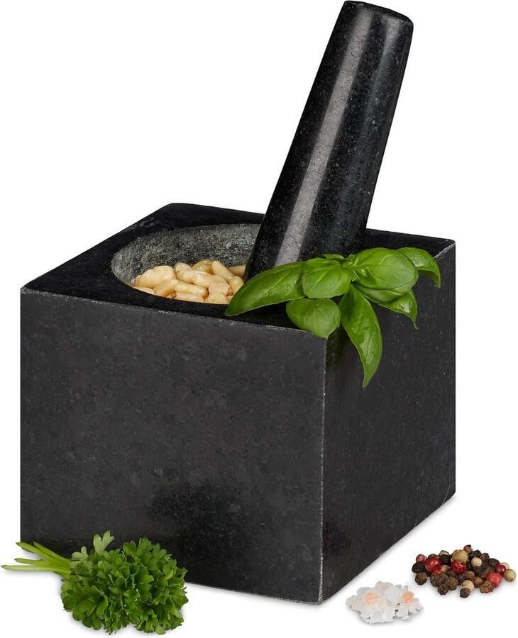 Vierkante duurzame vijzel met stamper specerijen kruiden 9.5x11x11cm 250 ml grijs