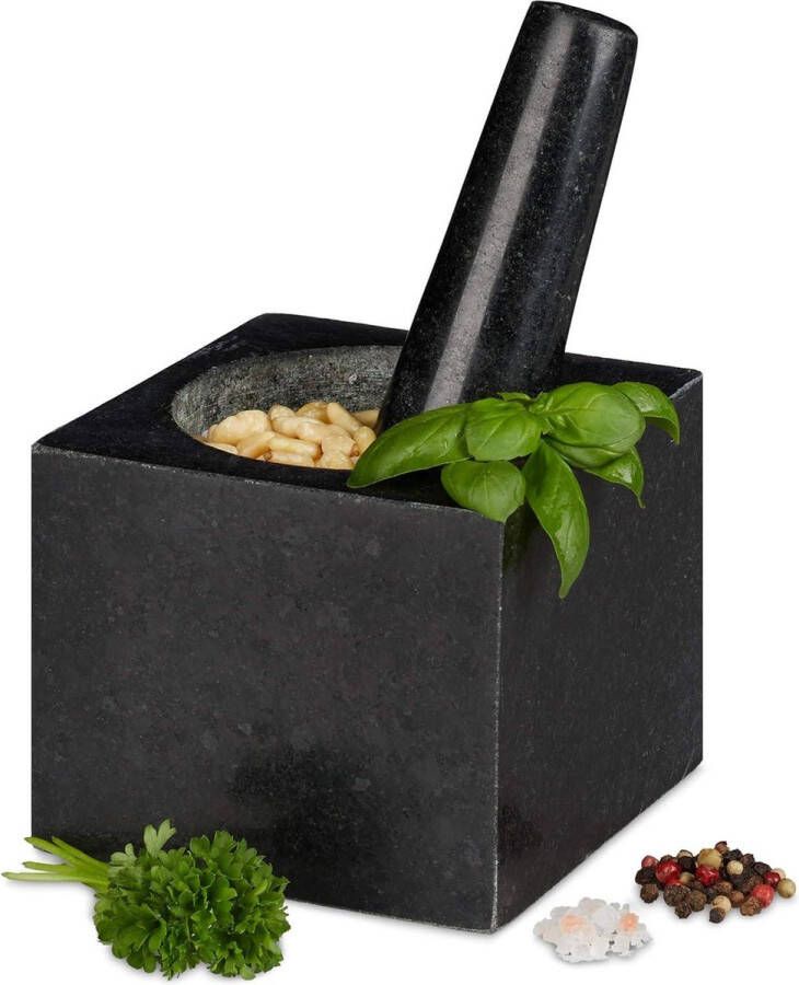 Vierkante duurzame vijzel met stamper specerijen kruiden 9.5x11x11cm 250 ml stenen mortier grijs