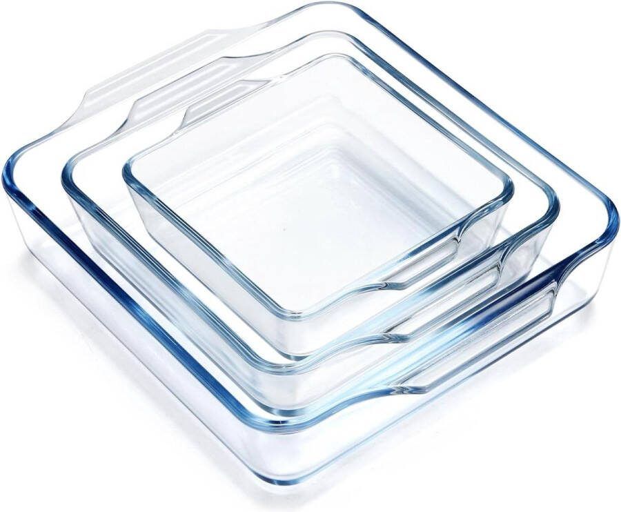 Vierkante glazen ovenschaal set van 3 klein formaat ovenvast borosilicaatglas braadpan schotel 0.4 l + 0.8 l + 1.3 l