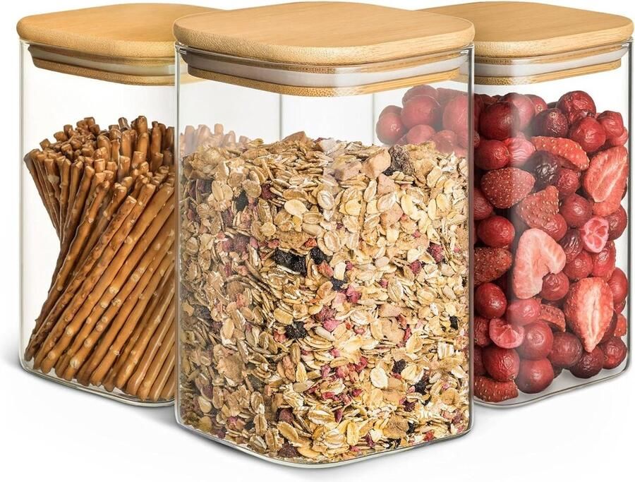 Vierkante Glazen Voorraadpotten met Houten Deksel Luchtdicht 1L Borosilicaatglas Voorraadbussen