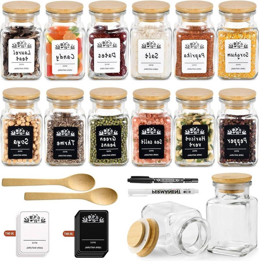 Vierkante kruidenpotjes 150 ml set van 12 glazen voorraaddozen met bamboedeksel kruidenstrooier van glas inclusief etiketten organisator voor kruidenopslag kruidenpotjes vierkant