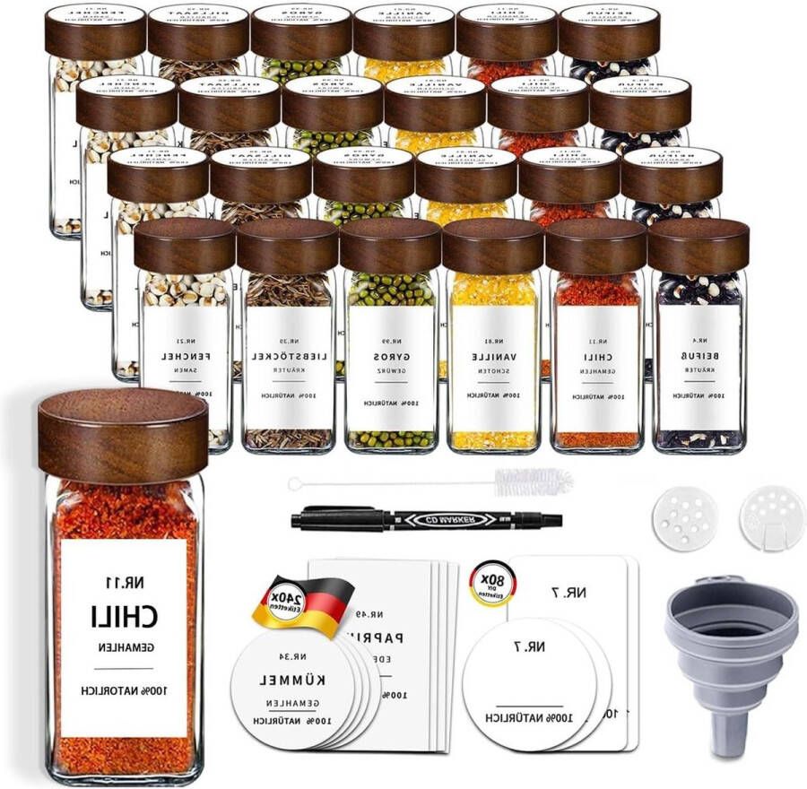 Vierkante Kruidenpotjes 24 stuks Acaciahouten Deksel Ingebouwde Kruidenpotjes 320 Kruidenetiketten Kruidenstrooier 120 ml Hoogwaardig Borosilicaatglas Kruidenpotjes