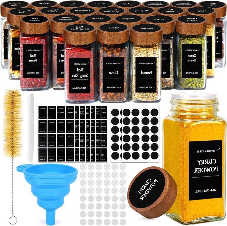 Vierkante Kruidenpotjes met Houten Deksel Kruidenpotjes Set 24 x 120 ml Glazen Kruidencontainers Filter Etiketten Siliconen Trechter Reinigingsborstel kruidenpotjes vierkant