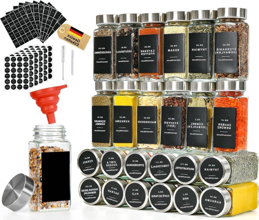 Vierkante Kruidenpotjes met Kruidenetiketten 25 Stuks Glazen Kruidenpotjes 120 ml Strooiinzetstuk Trechter Borstel Krijtstift Specerijen Opbergpotjes kruidenpotjes vierkant