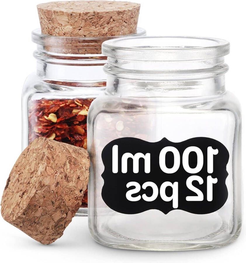 Vierkante kruidenpotjes met kurk 100ml Set van 12 Luchtdicht en klein Potjes met deksel Inclusief etiketten Kruidenpotjes