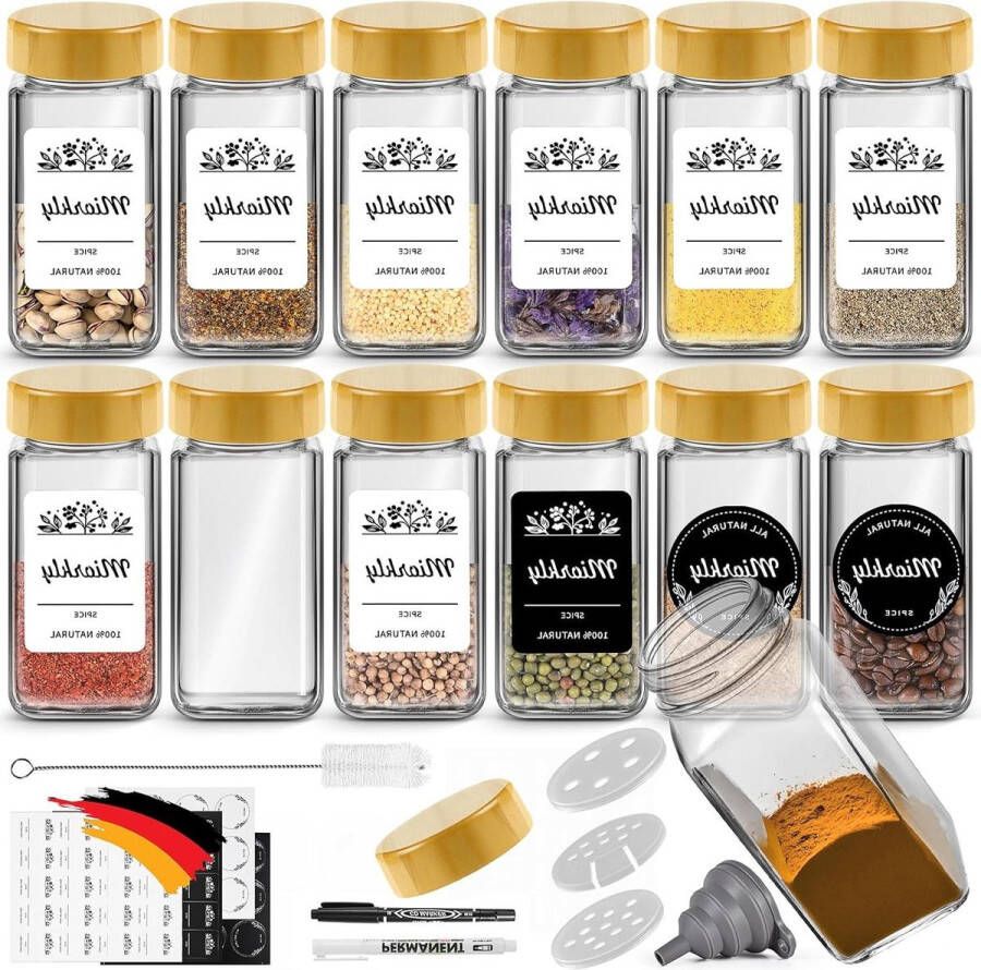 Vierkante Kruidenpotjes met Stickers en Bamboe Deksel Set van 120 ml Hoogwaardig Hout Strooiinzetstuk Trechter Etiketten Kruidenpotjes met Stickers