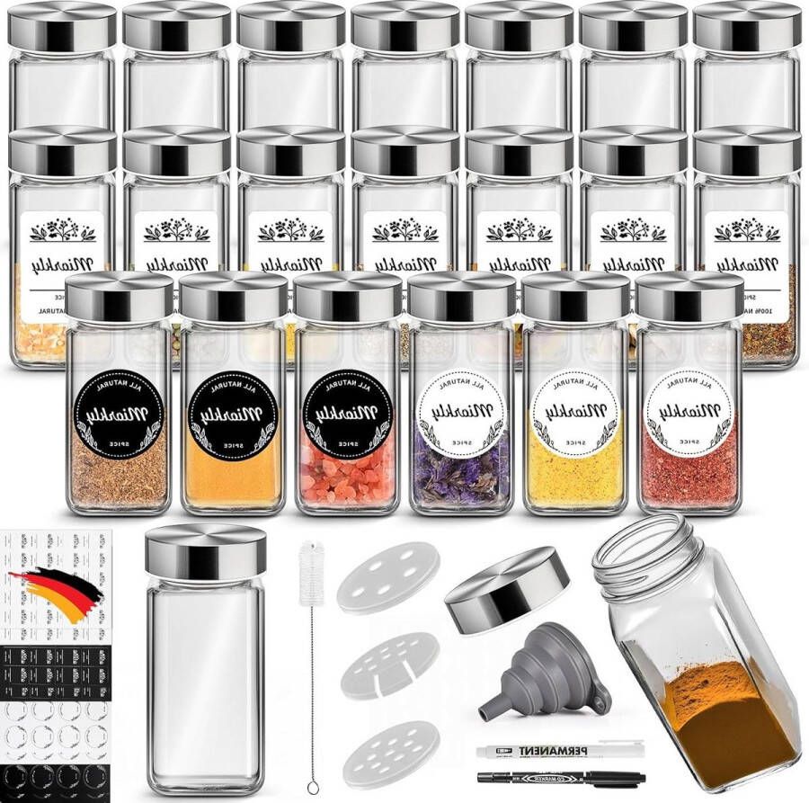 Vierkante Kruidenpotjes Met Stickers Set Van 24 120 ml Glazen Kruidenpotjes Roestvrijstalen Deksel Strooieropzetstukken Trechter Kruidenpotjes met Stickers