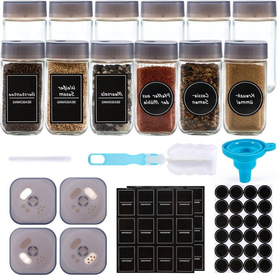 Vierkante kruidenpotjes met strooiinzetstuk 12-delige kruidenstrooier glazen set multifunctionele afdichtingsdeksel sterke afdichting kruidenorganizer inclusief trechter etiket en pen 110 ml Kruidenpotjes vierkant