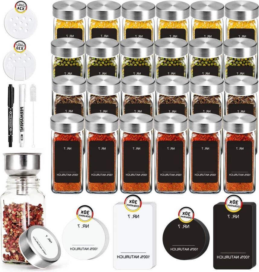 Vierkante kruidenpotjes met strooiinzetstuk 24 kruidenstrooiers van roestvrij staal 120 ml set met trechter en etiket kruidenorganizer handig voor in de keuken Kruidenpotjes vierkant