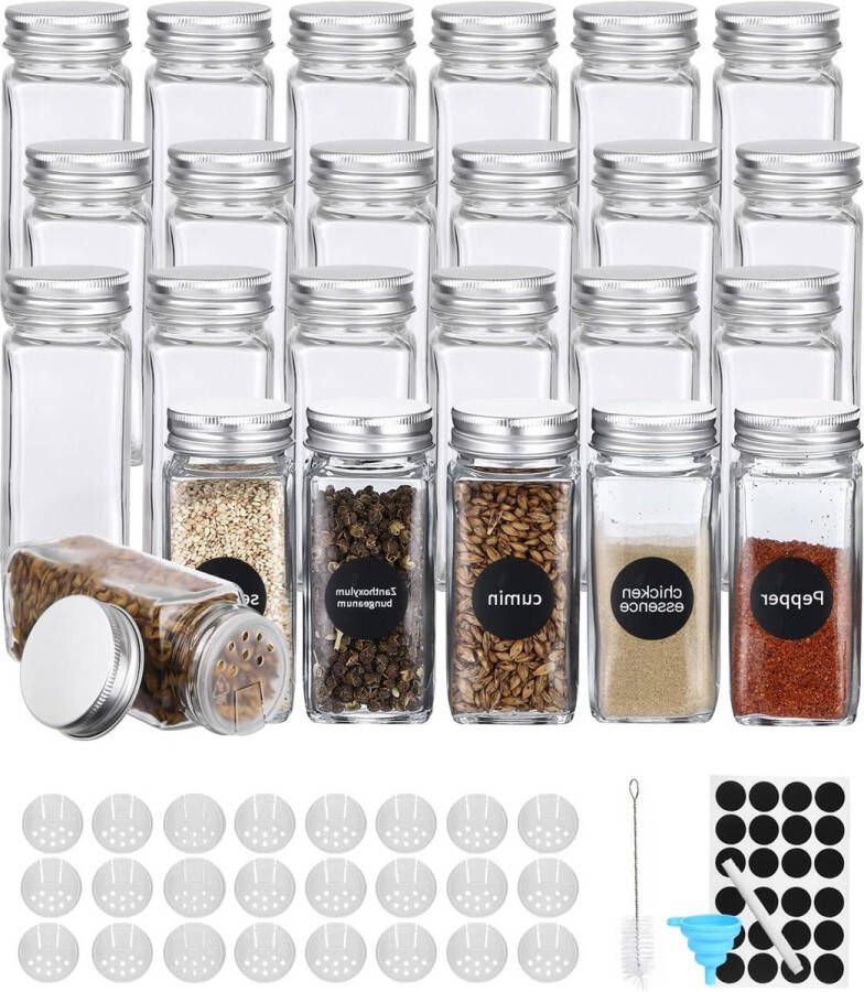 Vierkante kruidenpotjes set van 24 120 ml glazen kruidenstrooier met etiketten witte krijtstift reinigingsborstel siliconen trechter Kruidenpotjes vierkant