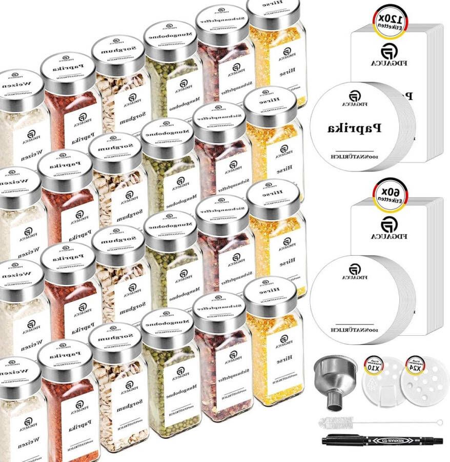 Vierkante kruidenpotjes set van 24 120 ml met Duitse etiketten strooiinzetstuk en roestvrijstalen deksel inclusief trechter Kruidenpotjesset Kruidenpotjes