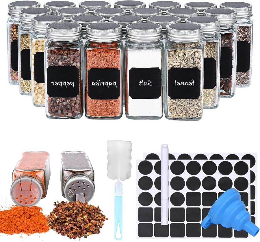 Vierkante Kruidenpotjes Set van 24 stuks 120 ml Glazen Potjes met Deksel en Strooi-inzetstuk Leeg Etiket Trechter Borstel en Marker Kruidenpotjes vierkant