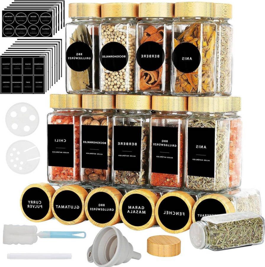 Vierkante Kruidenpotjes Set van 24 x 120 ml Bamboedeksel 243 Stickers Kruidenstrooier Trechter Reinigingsborstel Zeven Kruidenpotjes met Stickers