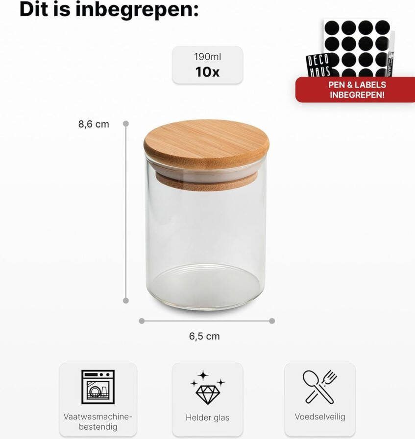 Vierkante Kruidenpotten met Houten Deksel 10-Delige Set [+ Etiketten & Strooier] Glazen Kruidenpotjes Set Kruidencontainers Spice Jars Kruidenopslag Containers voor Kruidenbewaring