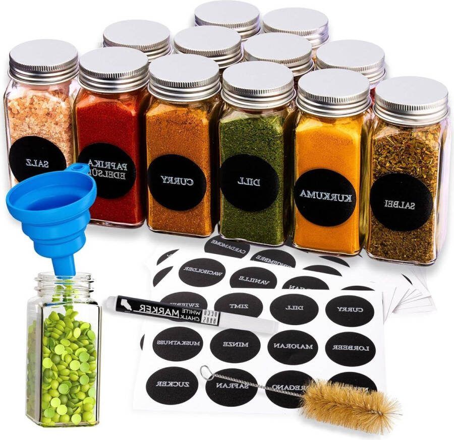 Vierkante Luchtdichte Kruidenpotten Set 12-Delig Glazen Kruidenpotjes inclusief Etiketten en Strooier Spice Jars voor Kruidenopslag Kruidenpotjes