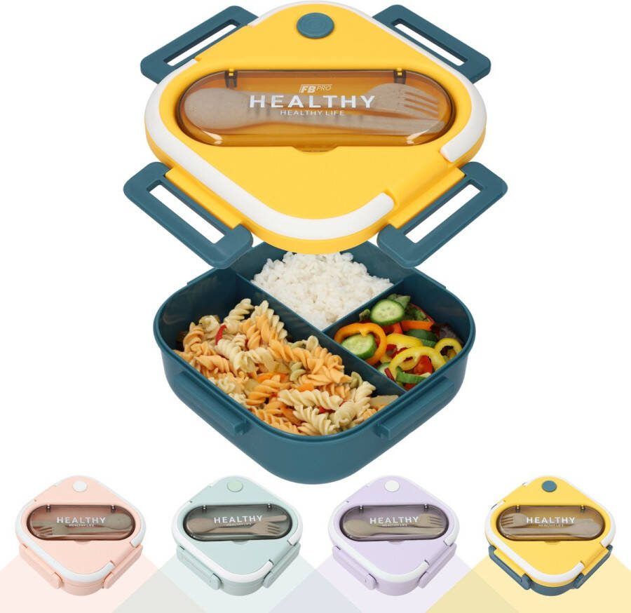 Vierkante Lunchbox met Servies Gele & Blauwe Bentobox Met vakjes x3 Voor kinderen en volwassenen Geschikt voor rijst noodles groente vlees en meer! Geel & Blauw 900ml