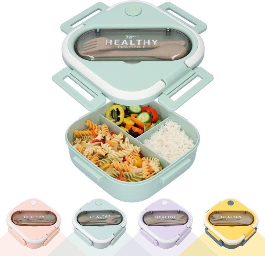 Vierkante Lunchbox met Servies Groene Bentobox Met vakjes x3 Voor kinderen en volwassenen Geschikt voor rijst noodles groente vlees en meer! Groen 900ml