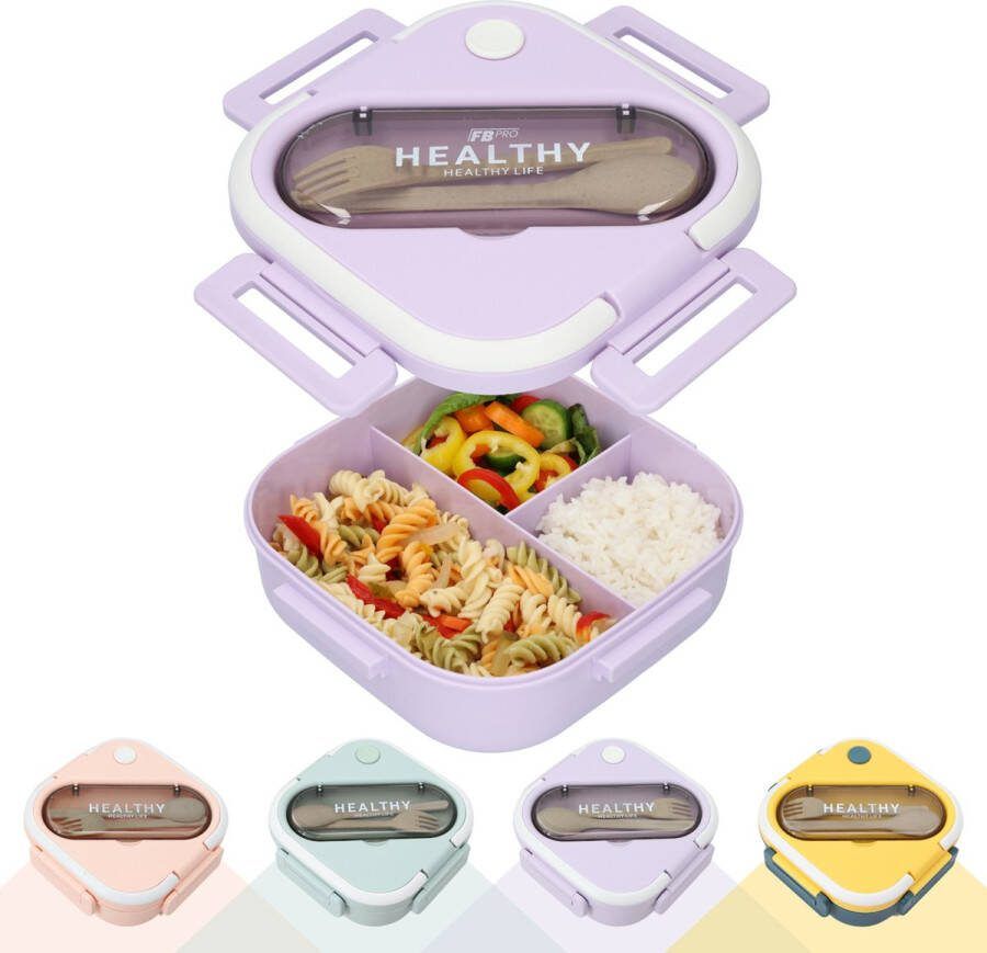 Vierkante Lunchbox met Servies Paarse Bentobox Met vakjes x3 Voor kinderen en volwassenen Geschikt voor rijst noodles groente vlees en meer! Paars 900ml