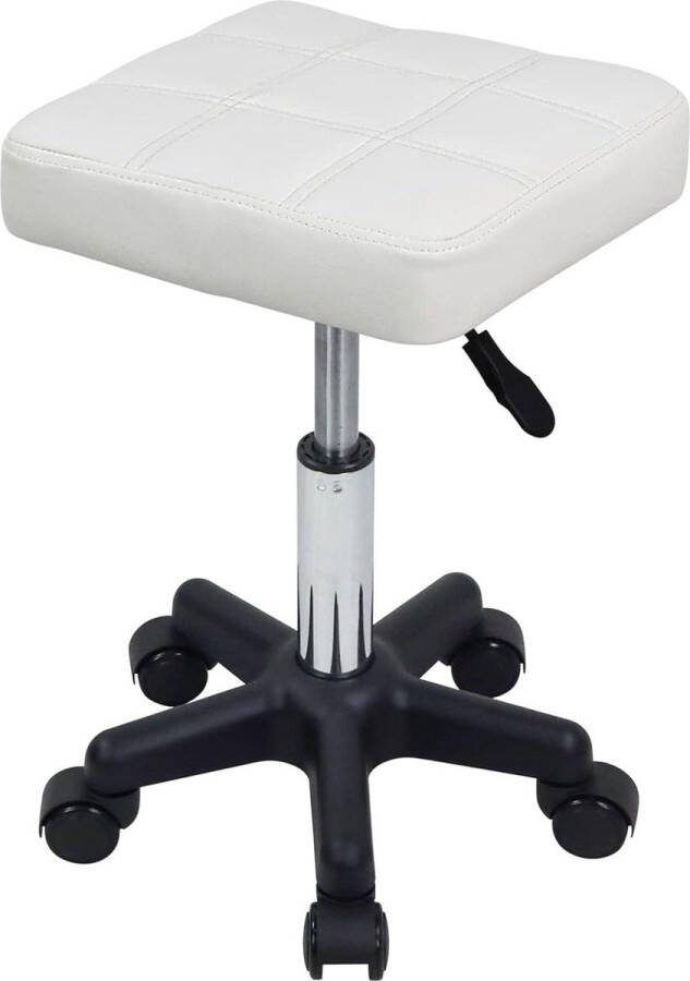 Vierkante Swivel Kruk met Wielen en Hoogte Verstelbaar PU Leahter Rolling Kruk voor Spa Salon Massage Wit