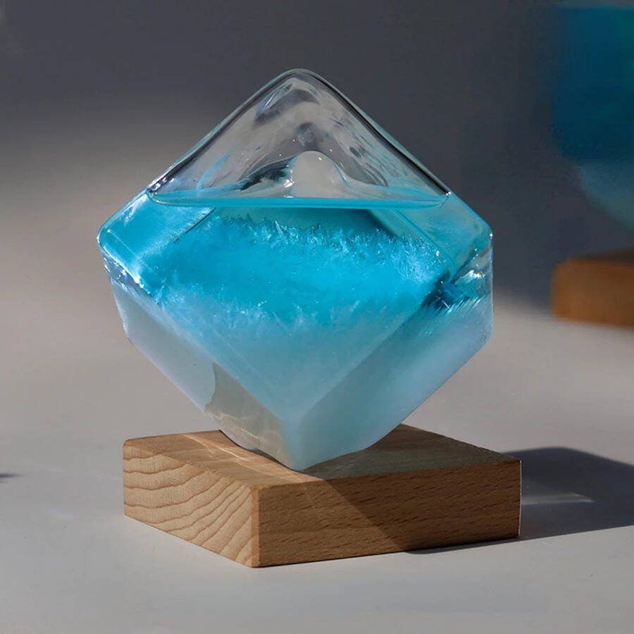 Vierkante Weer Voorspellingsfles – Blauw Oceanen Weerstation met Houten Basis – Glazen Stormfles en Kamerversiering – Weervoorspelling Decoratie en Verjaardagscadeau