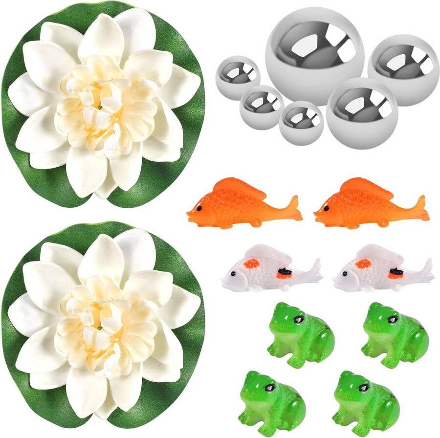 Vijverbak Decoratieve set voor kleine tuinvijvers 4 kikkers 6 zilveren ballen 4 koi-karpers met strepen 2 stuks lotusbloesem mini-vijver fontein Vijverbak