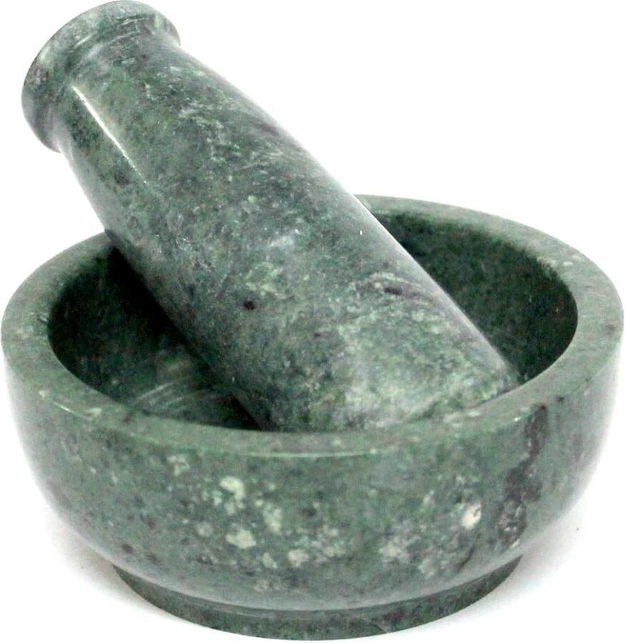 Vijzel en stamper van natuursteen kruidenmolen aardappelstamper Okhli en Musal 102 cm ondiep groen