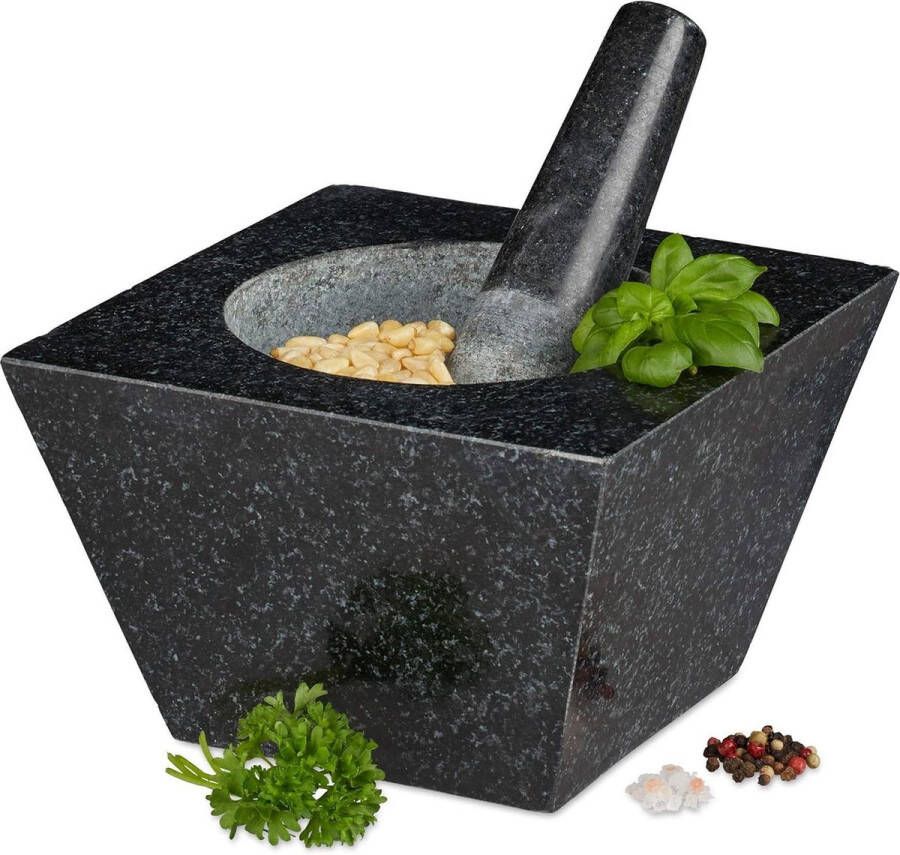 Vijzel en stamper XXL graniet voor specerijen en kruiden 750ml 6.75kg 12x19.5x19.5cm zwart