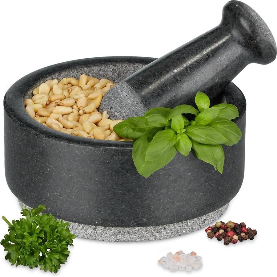 Vijzel met stamper 7 x 16 cm Granieten ruw oppervlak Robuust Kruiden noten & specerijen Antraciet