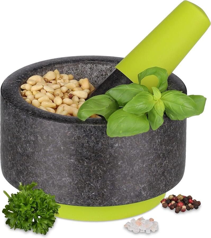 Antislip ronde kruidenstamper vijzel met stamper van graniet H x Ø: 8 x 14 cm specerijen antraciet groen