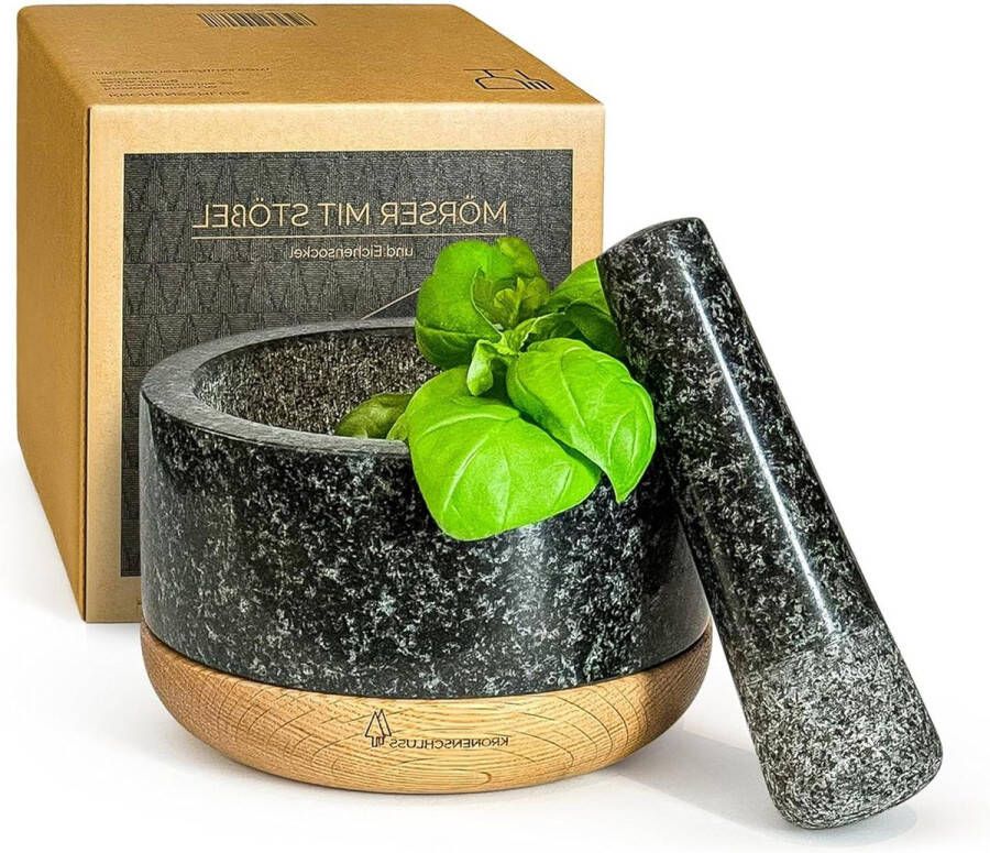 Vijzel met stamper graniet eikenhout keukenaccessoire kookgerei