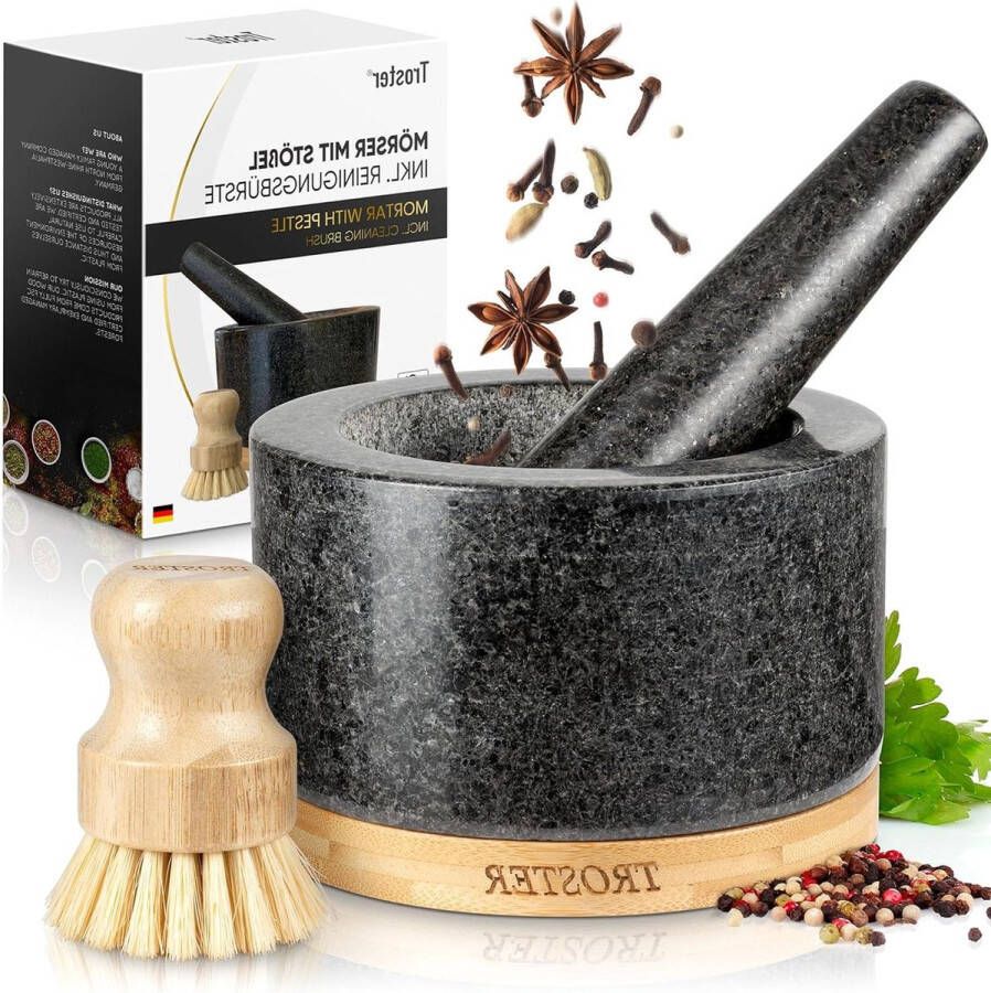 Vijzel met stamper graniet groot incl. reinigingsborstel houten onderzetter XXL Stone Grinder mortar-pestle