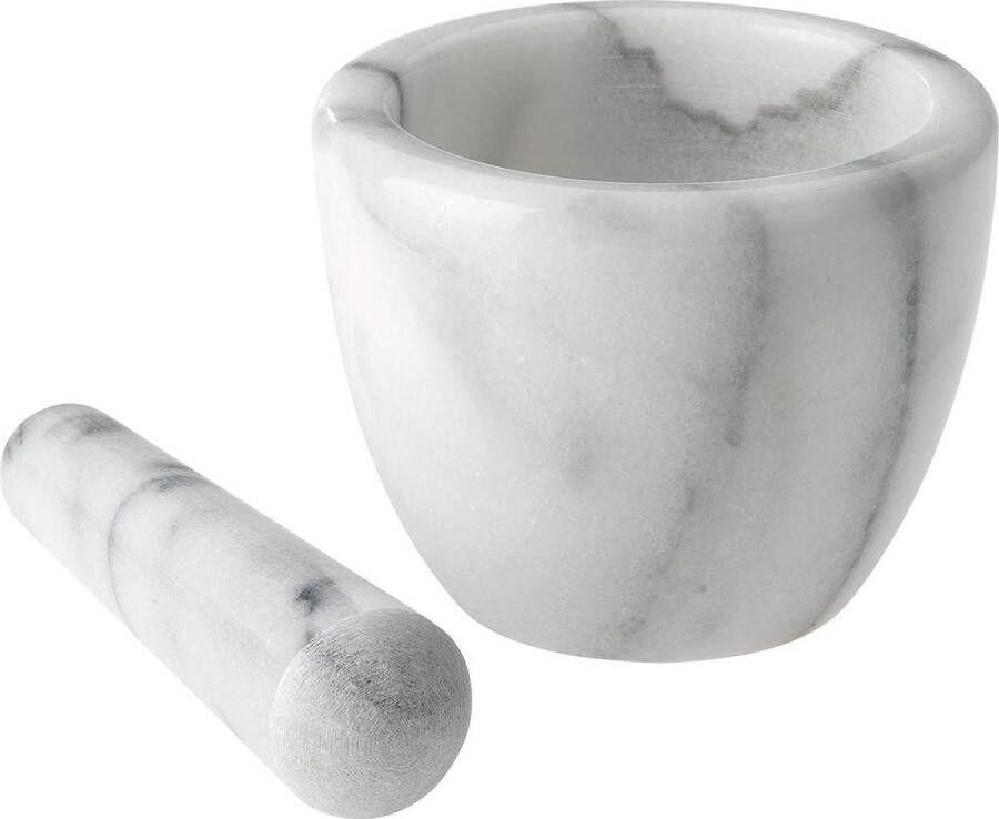 Vijzel met stamper van marmer hoog binnendiameter: ca. 7 5 cm gourmet wit grijs
