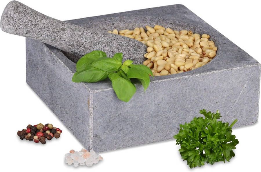 Vijzel met Stamper Voor Kruidenmixen Voor Specerijen Keuken Accessoires 18 5 x 18 5 x 6 5 cm Graniet Zilver