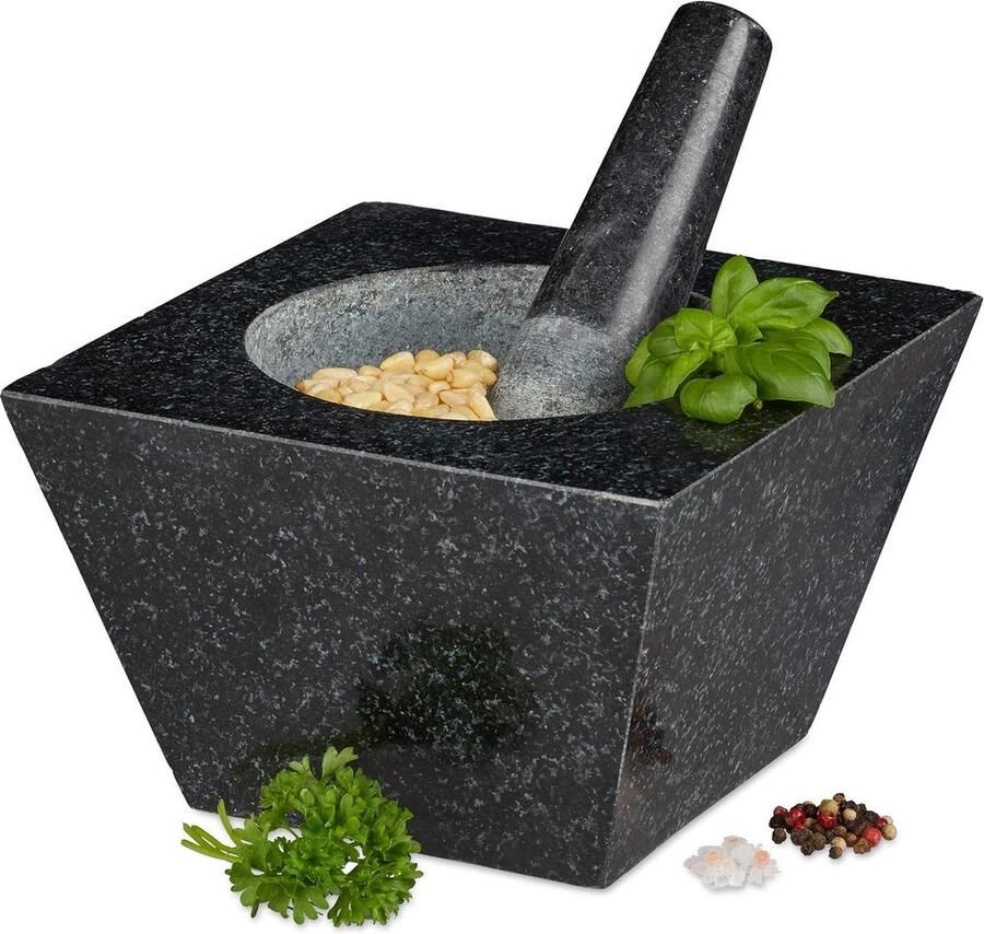 Vijzel met stamper XXL graniet voor specerijen en kruiden 750 liter 6.75kg 12x19.5x19.5cm zwart