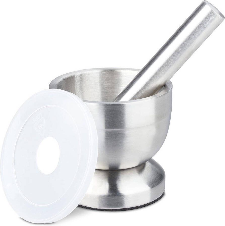 Vijzel RVS met stamper en deksel voor kruiden en specerijen slipvast Ø 10 cm 200 ml grijs