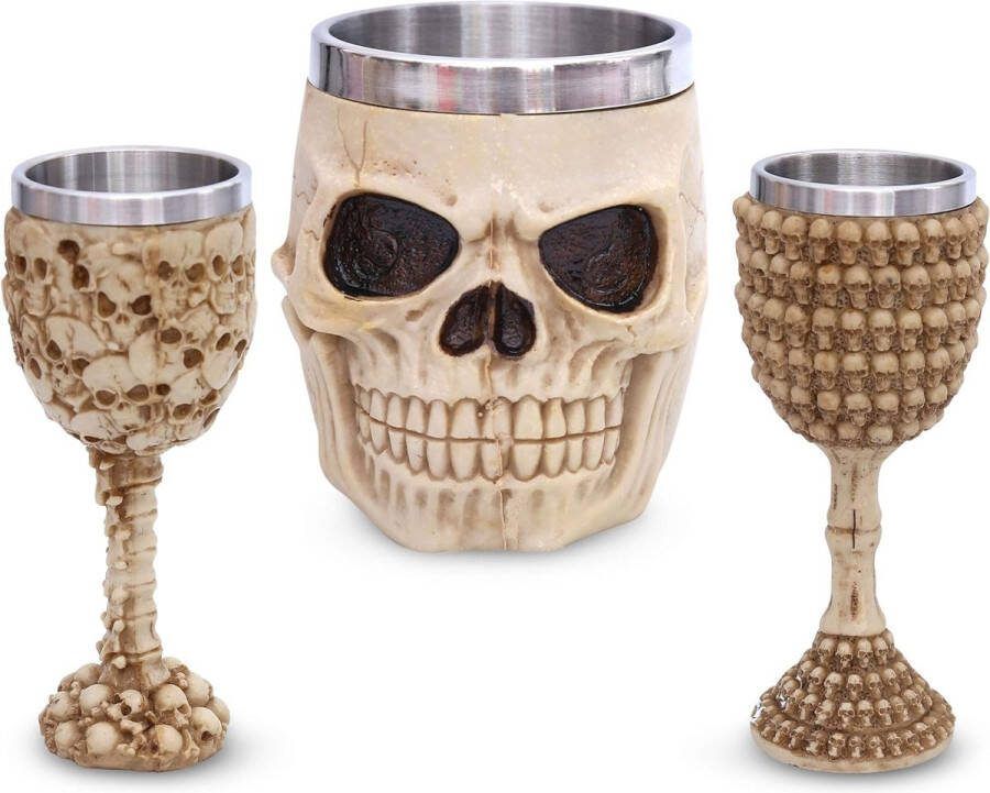 Vikingkruik in set met twee kelken voor mede & bier drinkbeker doodskopdecoratie voor middeleeuwse fans gedetailleerde doodskopbeker in levensmiddelenkwaliteit van roestvrij staal en polyhars (set