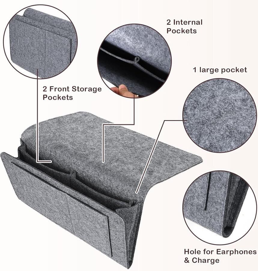 Vilt nachtkastje caddy bedophanging organizer voor bedbank nachtkastje met 5 zakken vilten bank caddy nachtkastje opbergmand voor boeken tablet tv afstandsbediening (grijs)