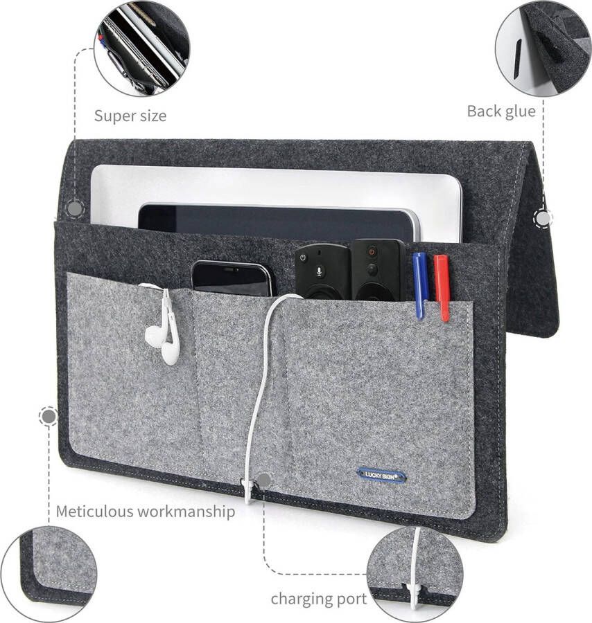 Vilten Bedplank Organizer Opbergzak Organizertas Opbergtas Anti-slip Caddy Bedside Opknoping Opslag Organisator Multifunctionele Bed Pockets voor Boek iPad Mobiele Telefoons 41x20cm Grijs-Mix