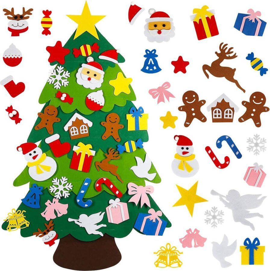 Vilten kerstboom DIY Vilten kerstboom set met 32 STUKS ornamenten Vilten boom met LED lichtslingers kerstcadeaus voor kinderen muur hangende kerstboomversieringen