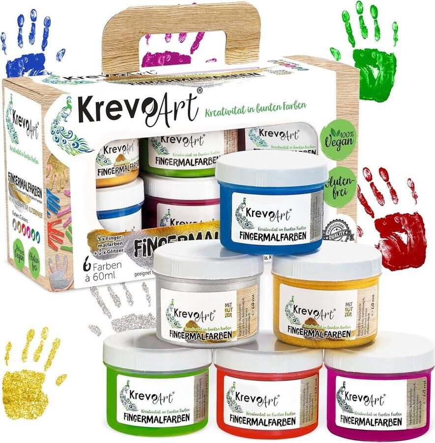 Vingerverf voor kinderen 6 heldere en dekkende kleuren van elk 60 ml uitwasbaar beschilderbaar met kwast spons vingers en voeten (met goud en zilver)