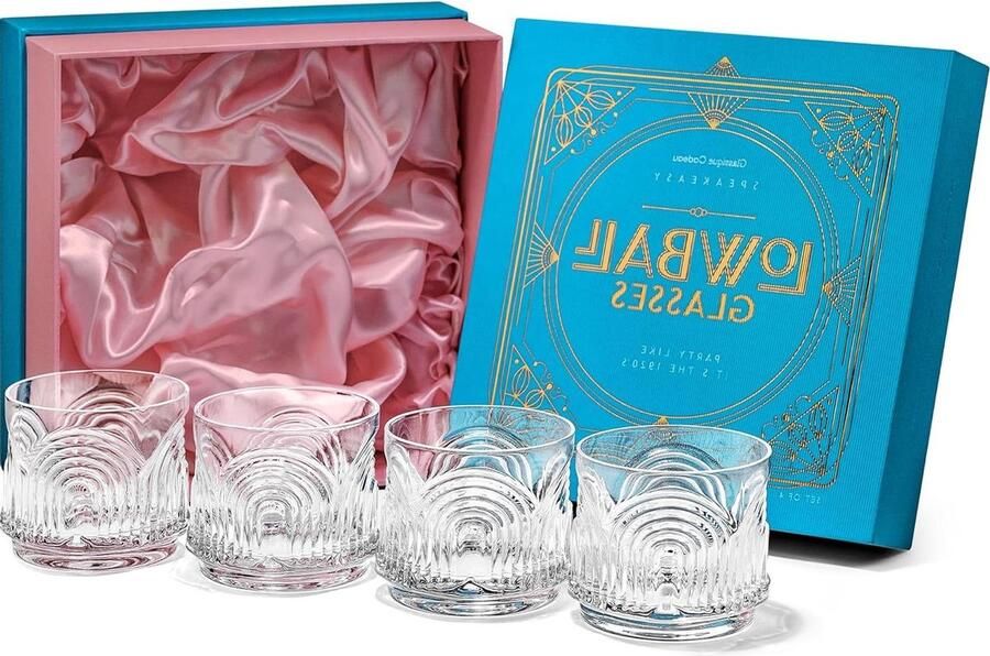 Vintage Art Deco jaren 20 Gin Tumbler cocktailglazen set van 4 kristal ouderwets glaswerk klassieke bardranken zware basis korte stenen lage ballen
