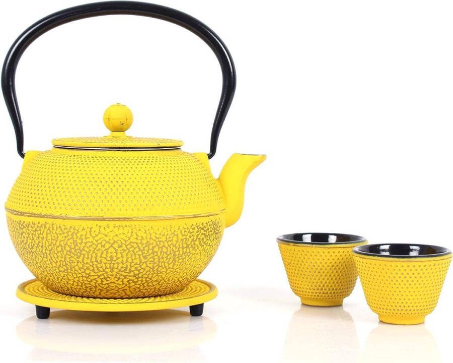 Vintage design gietijzeren theepot 11 l afneembare zeef onderzetter geel Theeservies met losse thee