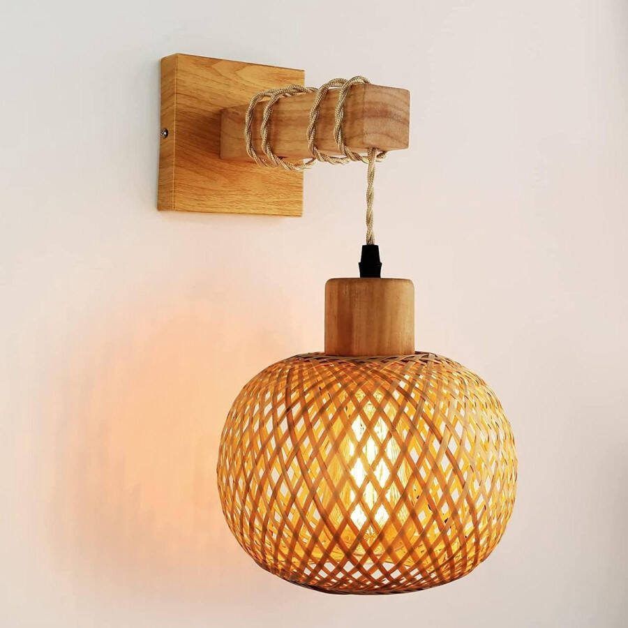 Vintage E27 Retro Houten Wandlamp met Rotan Lampenkap Gebruikt In Woonkamers en Slaapkamers Max 60w (Zonder Gloeilamp)