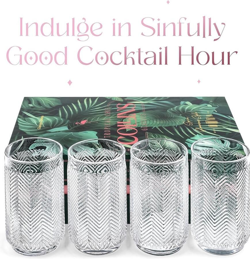 Vintage Flamingo Longdrink cocktailglazen voor Mojito Caipirinha Mai Tai Pina Colada 4-delige set longdrinkglazen 340 ml kristallen hoge highball glazen voor tropische en Tiki cocktails
