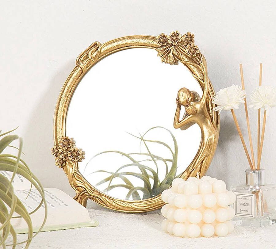 Vintage Geëmbosseerde Ronde Hars Make-up Spiegel – Staande Spiegel voor Woonkamer Slaapkamer en Make-up Tafel Decoratieve Spiegel voor Thuis